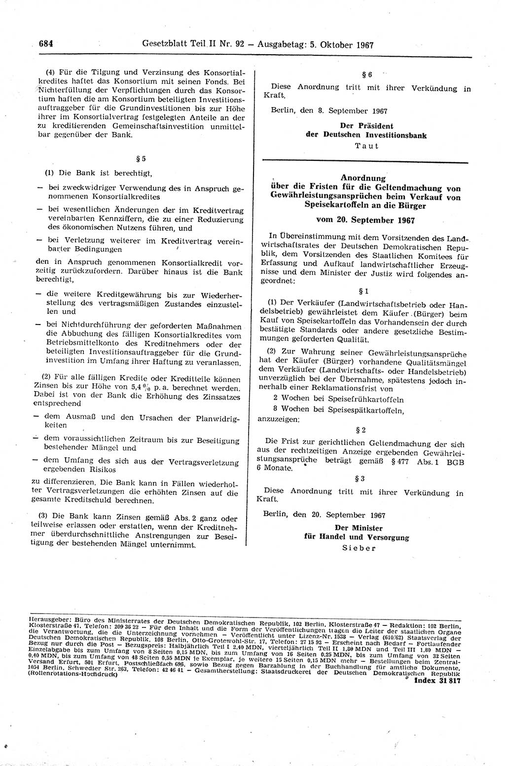 Gesetzblatt (GBl.) der Deutschen Demokratischen Republik (DDR) Teil ⅠⅠ 1967, Seite 684 (GBl. DDR ⅠⅠ 1967, S. 684)
