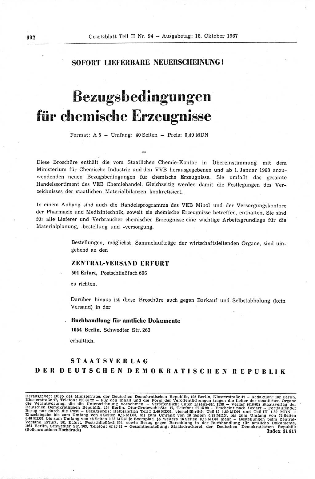 Gesetzblatt (GBl.) der Deutschen Demokratischen Republik (DDR) Teil ⅠⅠ 1967, Seite 692 (GBl. DDR ⅠⅠ 1967, S. 692)