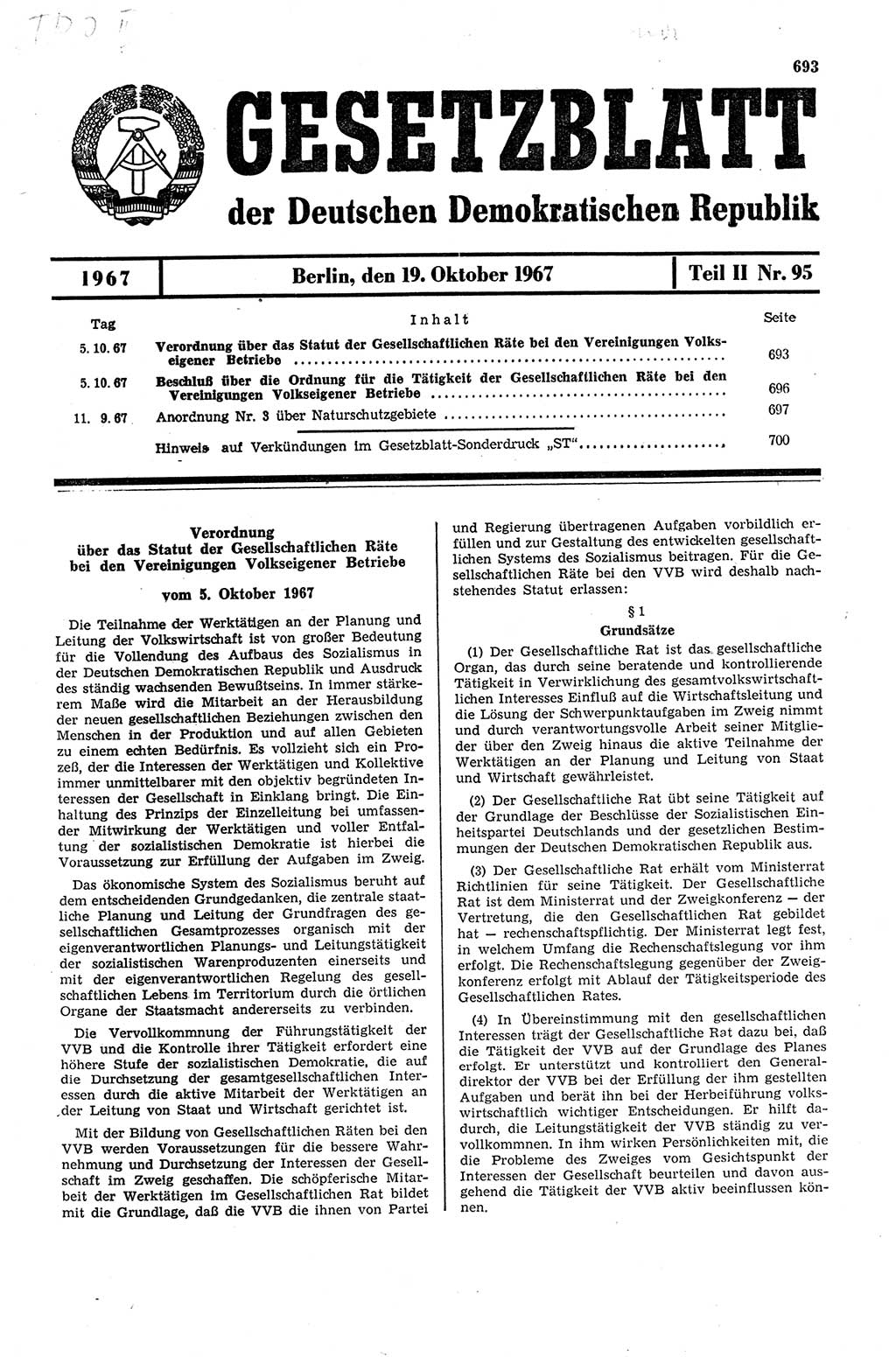 Gesetzblatt (GBl.) der Deutschen Demokratischen Republik (DDR) Teil ⅠⅠ 1967, Seite 693 (GBl. DDR ⅠⅠ 1967, S. 693)