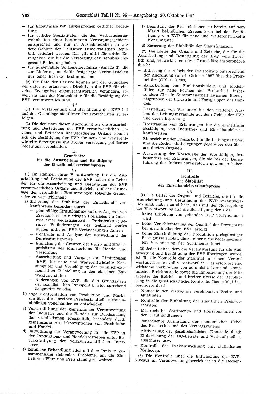 Gesetzblatt (GBl.) der Deutschen Demokratischen Republik (DDR) Teil ⅠⅠ 1967, Seite 702 (GBl. DDR ⅠⅠ 1967, S. 702)