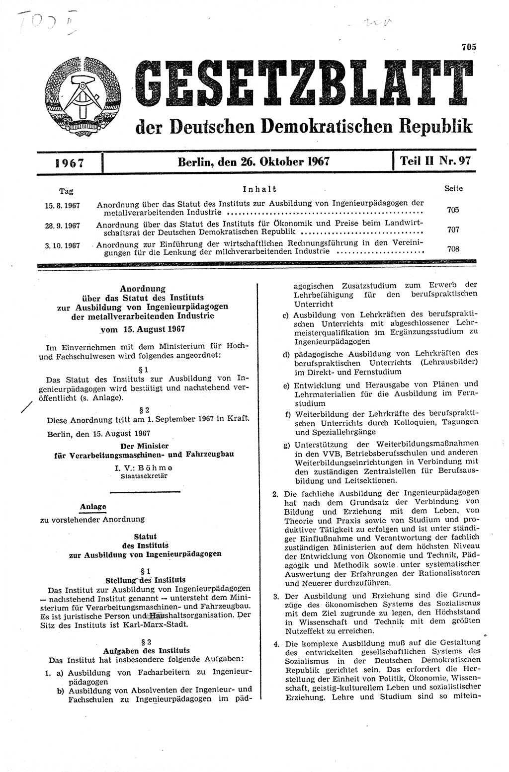 Gesetzblatt (GBl.) der Deutschen Demokratischen Republik (DDR) Teil ⅠⅠ 1967, Seite 705 (GBl. DDR ⅠⅠ 1967, S. 705)