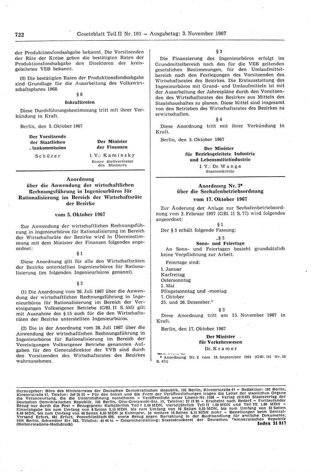 Gesetzblatt (GBl.) der Deutschen Demokratischen Republik (DDR) Teil ⅠⅠ 1967, Seite 722 (GBl. DDR ⅠⅠ 1967, S. 722)