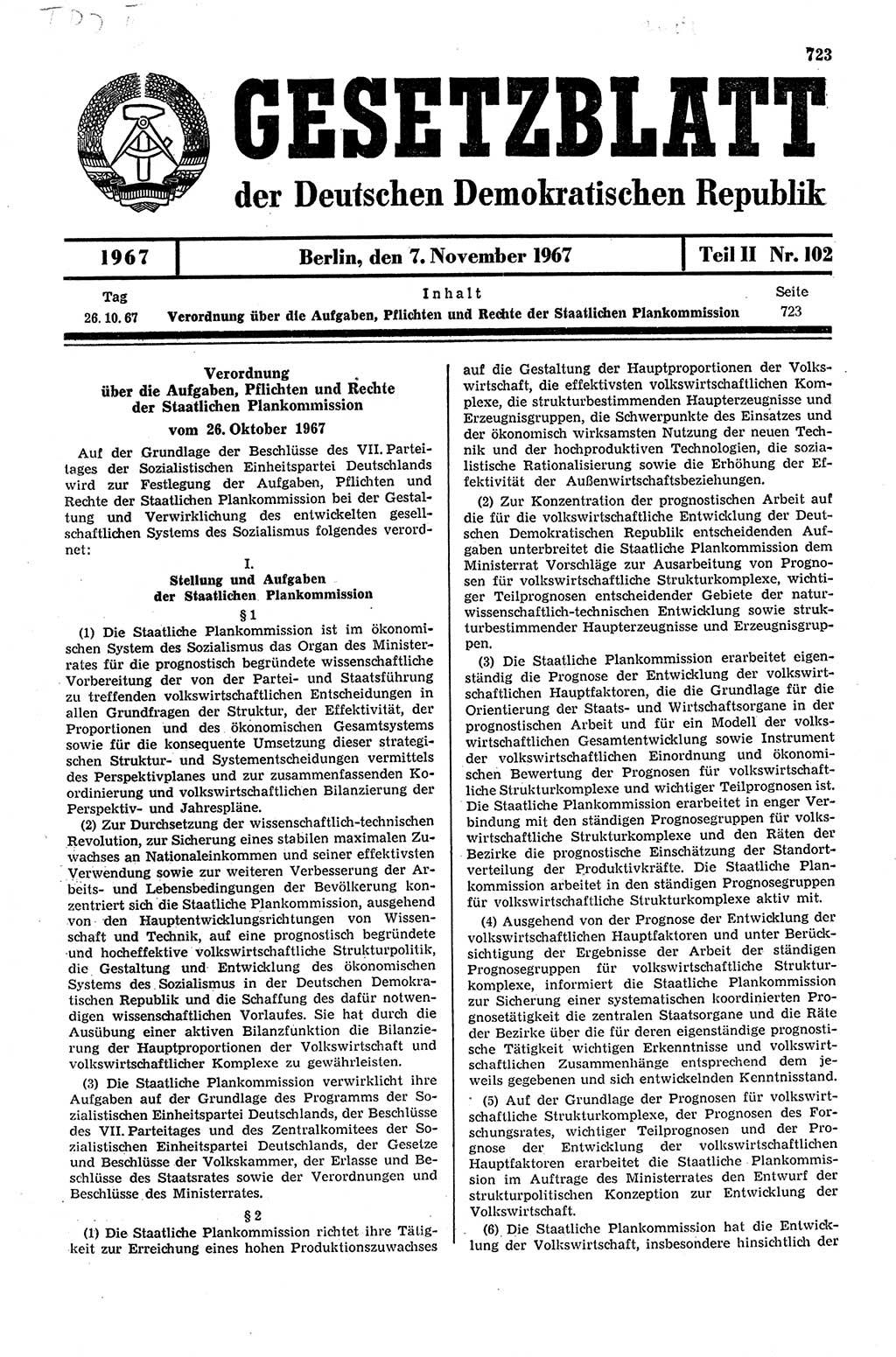 Gesetzblatt (GBl.) der Deutschen Demokratischen Republik (DDR) Teil ⅠⅠ 1967, Seite 723 (GBl. DDR ⅠⅠ 1967, S. 723)