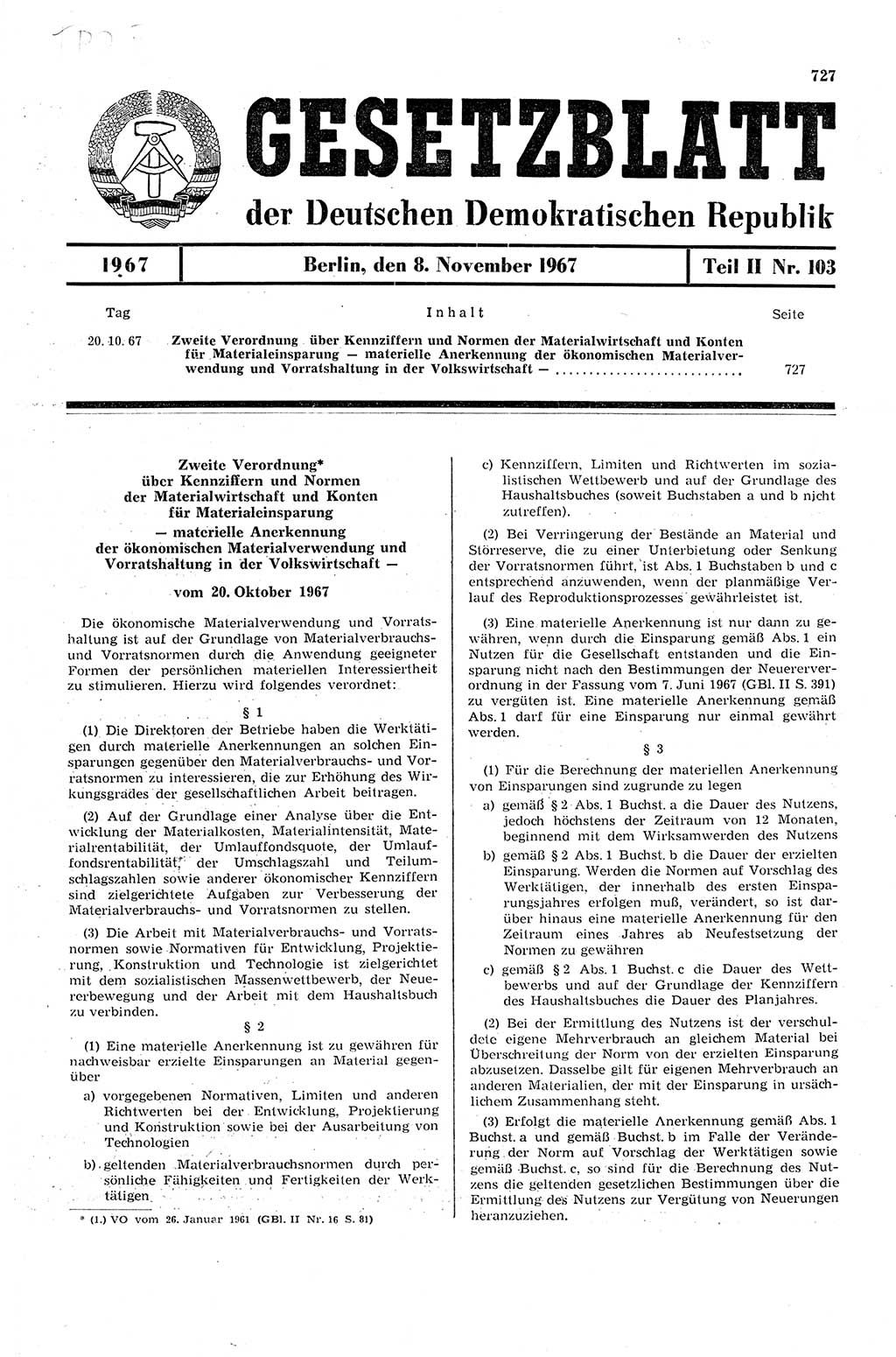 Gesetzblatt (GBl.) der Deutschen Demokratischen Republik (DDR) Teil ⅠⅠ 1967, Seite 727 (GBl. DDR ⅠⅠ 1967, S. 727)