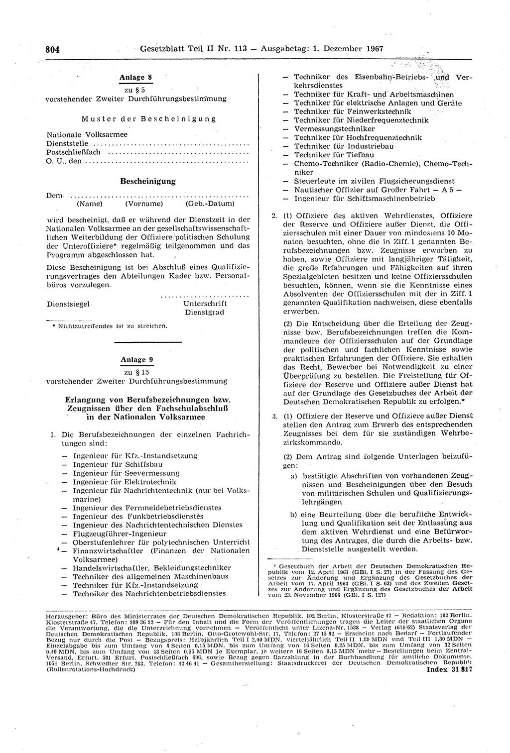 Gesetzblatt (GBl.) der Deutschen Demokratischen Republik (DDR) Teil ⅠⅠ 1967, Seite 804 (GBl. DDR ⅠⅠ 1967, S. 804)