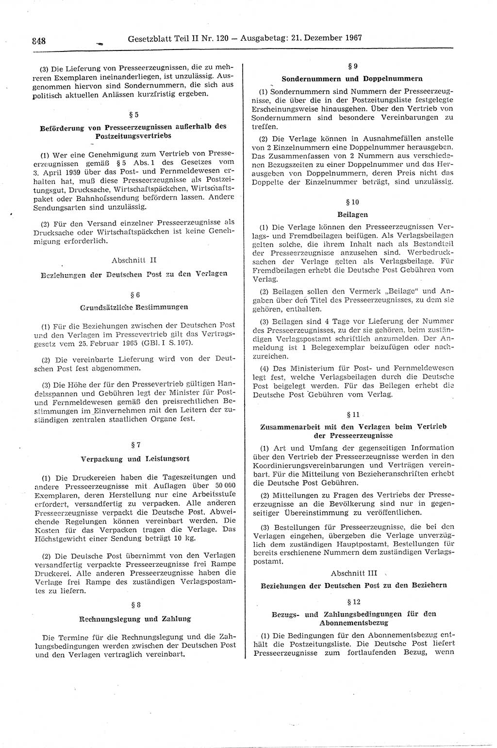 Gesetzblatt (GBl.) der Deutschen Demokratischen Republik (DDR) Teil ⅠⅠ 1967, Seite 848 (GBl. DDR ⅠⅠ 1967, S. 848)