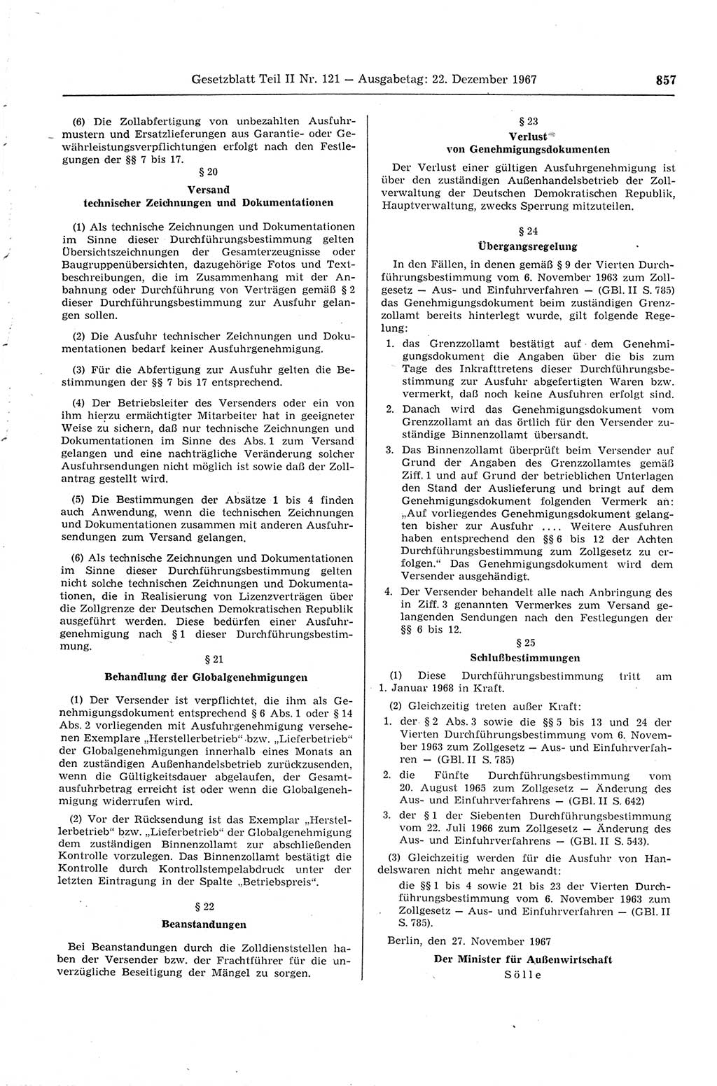 Gesetzblatt (GBl.) der Deutschen Demokratischen Republik (DDR) Teil ⅠⅠ 1967, Seite 857 (GBl. DDR ⅠⅠ 1967, S. 857)