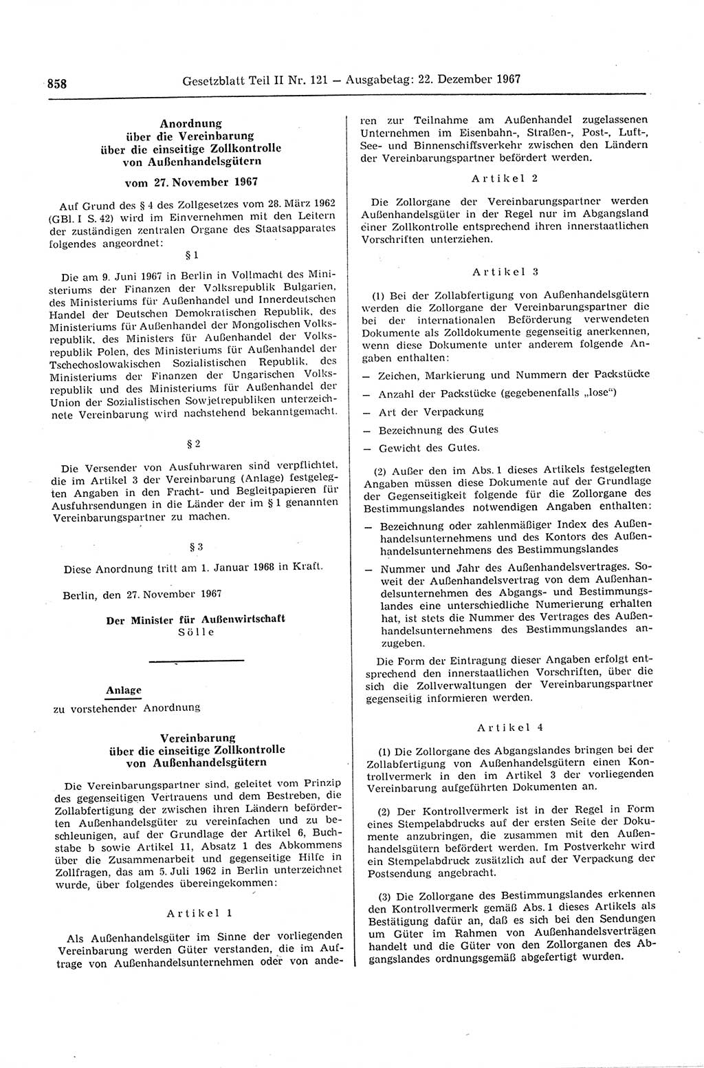 Gesetzblatt (GBl.) der Deutschen Demokratischen Republik (DDR) Teil ⅠⅠ 1967, Seite 858 (GBl. DDR ⅠⅠ 1967, S. 858)