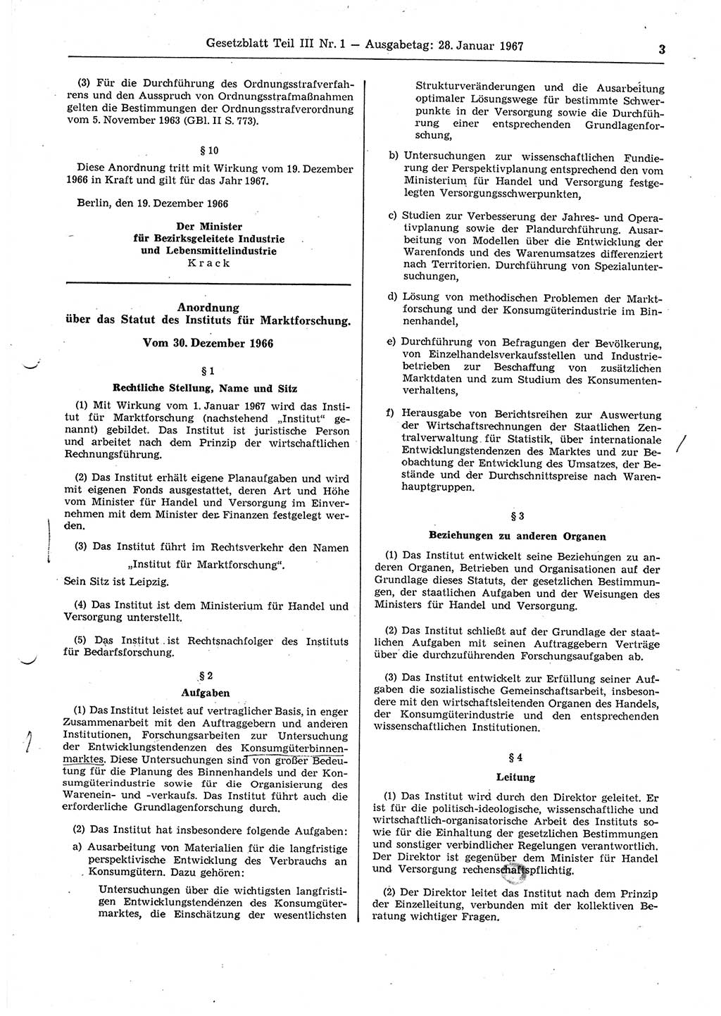 Gesetzblatt (GBl.) der Deutschen Demokratischen Republik (DDR) Teil ⅠⅠⅠ 1967, Seite 3 (GBl. DDR ⅠⅠⅠ 1967, S. 3)