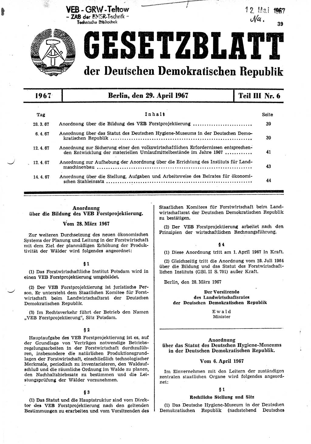 Gesetzblatt (GBl.) der Deutschen Demokratischen Republik (DDR) Teil ⅠⅠⅠ 1967, Seite 39 (GBl. DDR ⅠⅠⅠ 1967, S. 39)