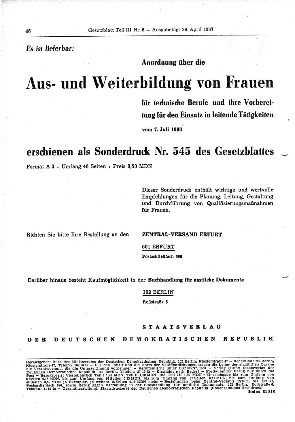 Gesetzblatt (GBl.) der Deutschen Demokratischen Republik (DDR) Teil ⅠⅠⅠ 1967, Seite 46 (GBl. DDR ⅠⅠⅠ 1967, S. 46)