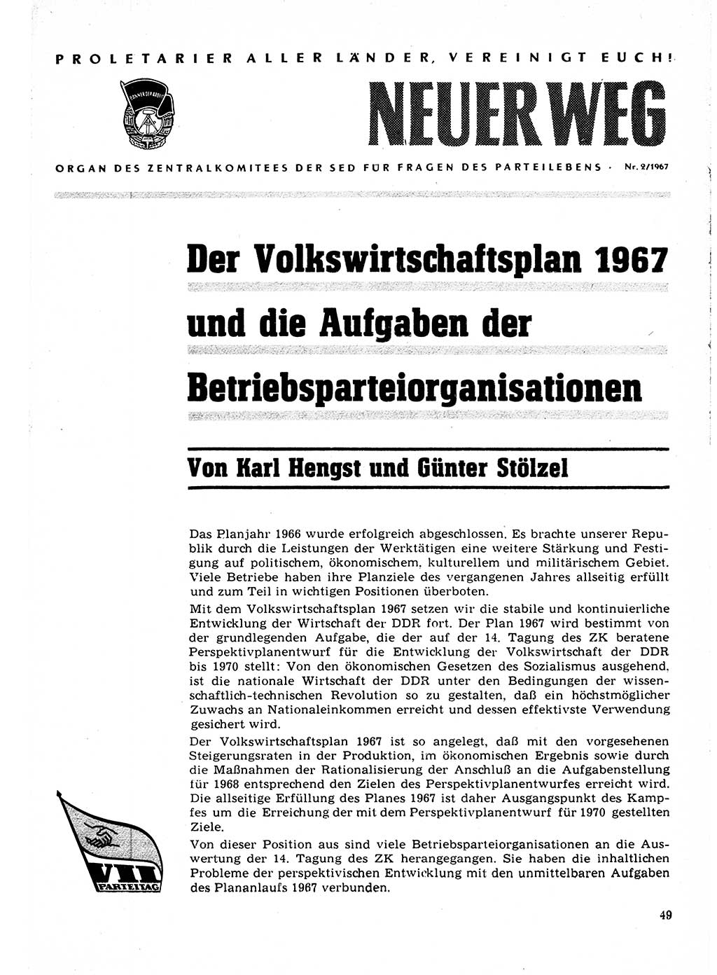 Neuer Weg (NW), Organ des Zentralkomitees (ZK) der SED (Sozialistische Einheitspartei Deutschlands) für Fragen des Parteilebens, 22. Jahrgang [Deutsche Demokratische Republik (DDR)] 1967, Seite 49 (NW ZK SED DDR 1967, S. 49)