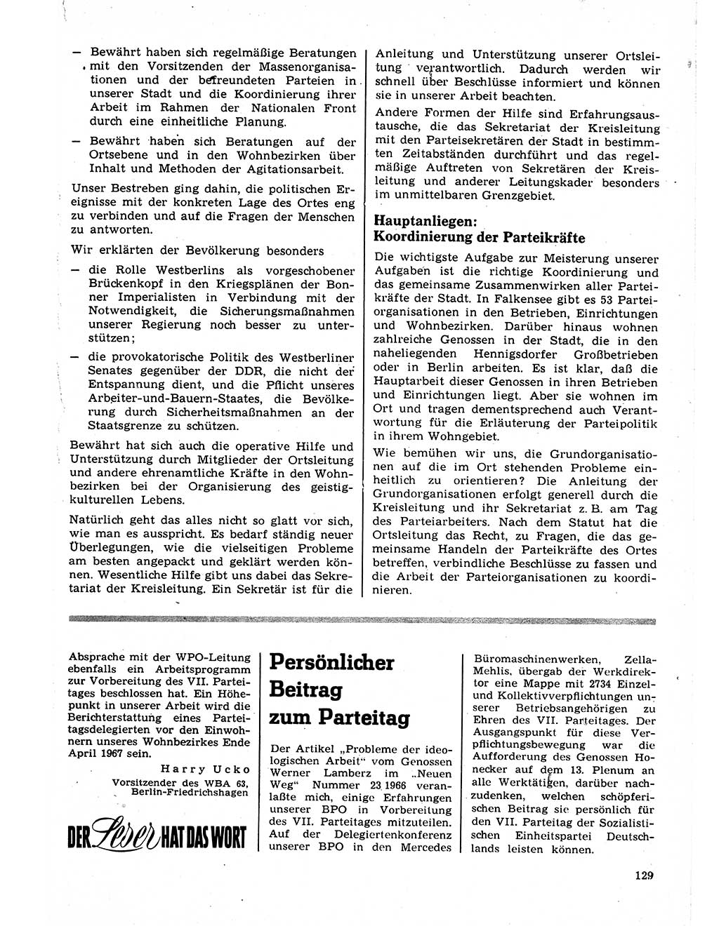 Neuer Weg (NW), Organ des Zentralkomitees (ZK) der SED (Sozialistische Einheitspartei Deutschlands) für Fragen des Parteilebens, 22. Jahrgang [Deutsche Demokratische Republik (DDR)] 1967, Seite 129 (NW ZK SED DDR 1967, S. 129)