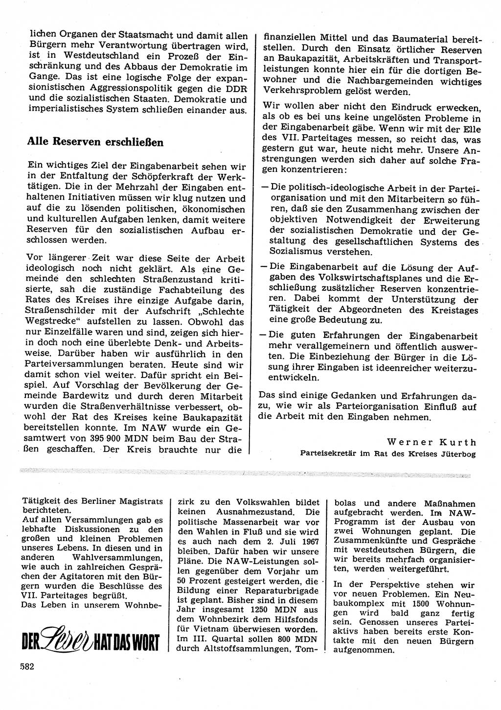 Neuer Weg (NW), Organ des Zentralkomitees (ZK) der SED (Sozialistische Einheitspartei Deutschlands) für Fragen des Parteilebens, 22. Jahrgang [Deutsche Demokratische Republik (DDR)] 1967, Seite 582 (NW ZK SED DDR 1967, S. 582)