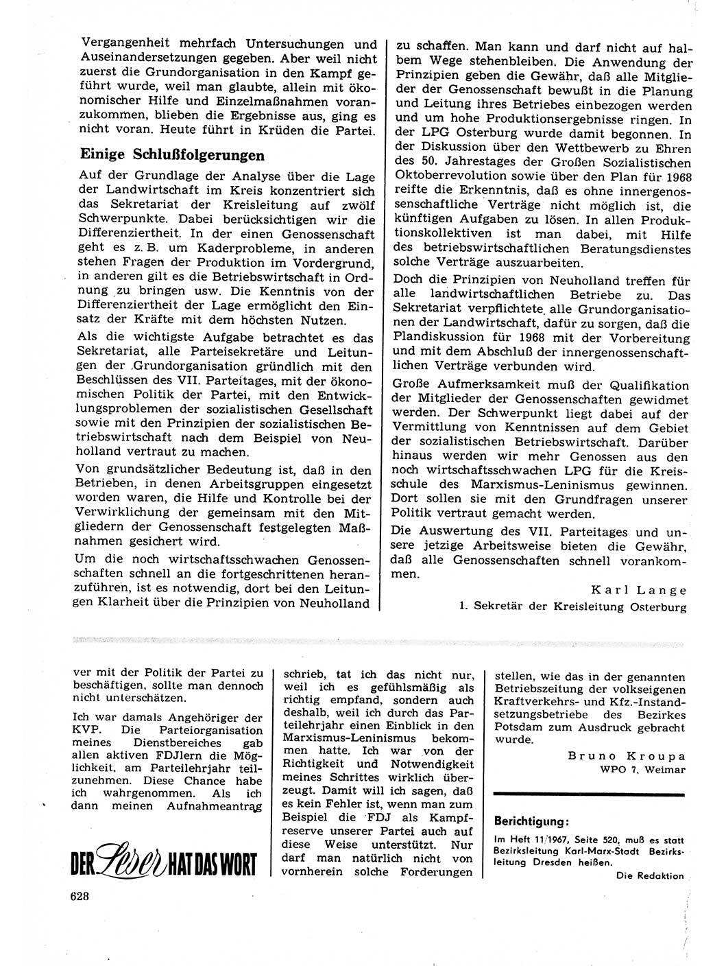 Neuer Weg (NW), Organ des Zentralkomitees (ZK) der SED (Sozialistische Einheitspartei Deutschlands) für Fragen des Parteilebens, 22. Jahrgang [Deutsche Demokratische Republik (DDR)] 1967, Seite 628 (NW ZK SED DDR 1967, S. 628)