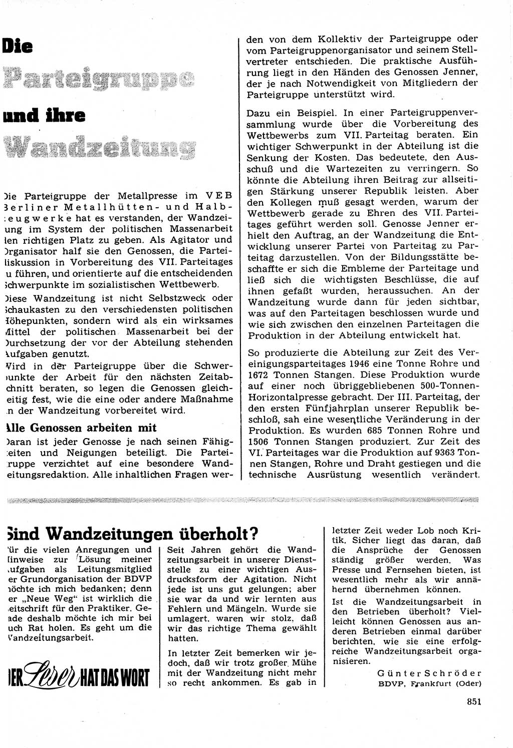 Neuer Weg (NW), Organ des Zentralkomitees (ZK) der SED (Sozialistische Einheitspartei Deutschlands) für Fragen des Parteilebens, 22. Jahrgang [Deutsche Demokratische Republik (DDR)] 1967, Seite 851 (NW ZK SED DDR 1967, S. 851)