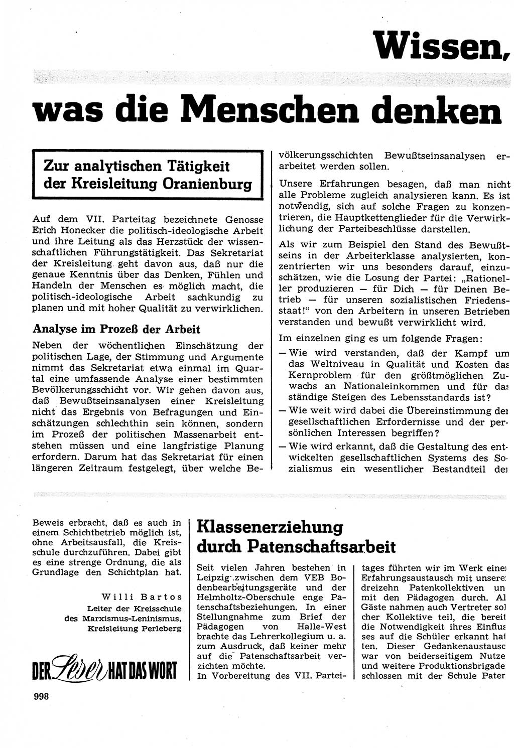 Neuer Weg (NW), Organ des Zentralkomitees (ZK) der SED (Sozialistische Einheitspartei Deutschlands) für Fragen des Parteilebens, 22. Jahrgang [Deutsche Demokratische Republik (DDR)] 1967, Seite 998 (NW ZK SED DDR 1967, S. 998)