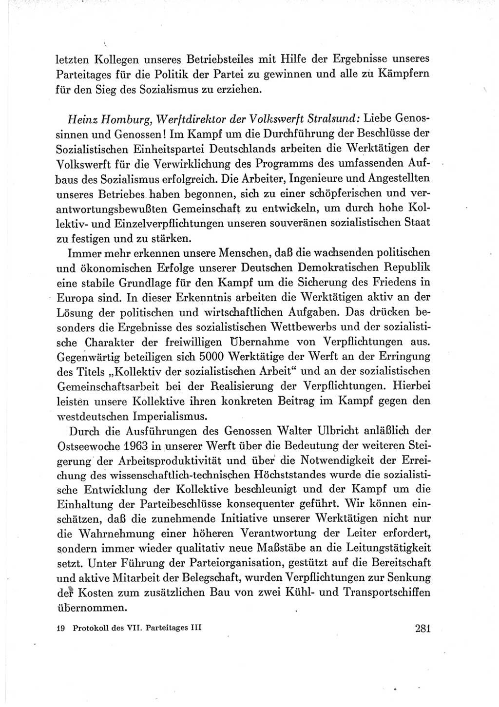 Protokoll der Verhandlungen des Ⅶ. Parteitages der Sozialistischen Einheitspartei Deutschlands (SED) [Deutsche Demokratische Republik (DDR)] 1967, Band Ⅲ, Seite 281 (Prot. Verh. Ⅶ. PT SED DDR 1967, Bd. Ⅲ, S. 281)