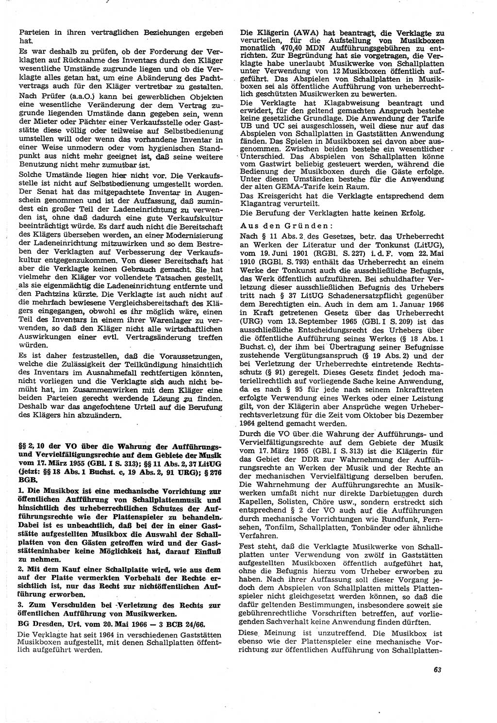 Neue Justiz (NJ), Zeitschrift für Recht und Rechtswissenschaft [Deutsche Demokratische Republik (DDR)], 21. Jahrgang 1967, Seite 63 (NJ DDR 1967, S. 63)