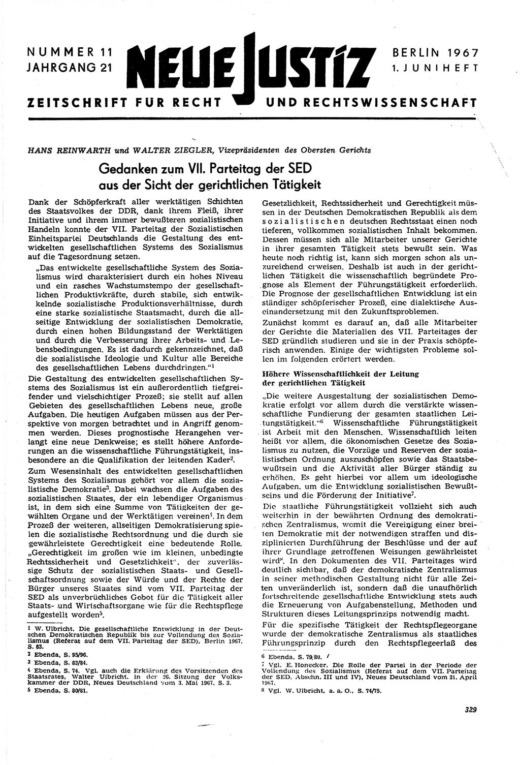 Neue Justiz (NJ), Zeitschrift für Recht und Rechtswissenschaft [Deutsche Demokratische Republik (DDR)], 21. Jahrgang 1967, Seite 329 (NJ DDR 1967, S. 329)
