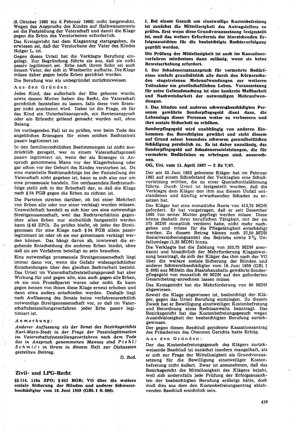 Neue Justiz (NJ), Zeitschrift für Recht und Rechtswissenschaft [Deutsche Demokratische Republik (DDR)], 21. Jahrgang 1967, Seite 419 (NJ DDR 1967, S. 419)