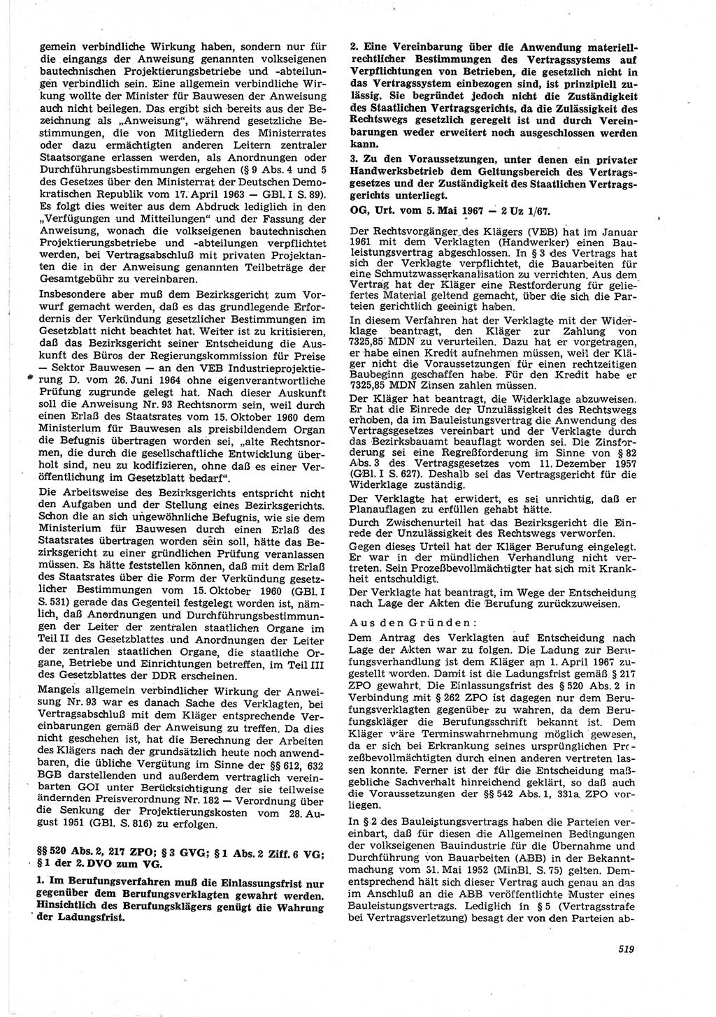 Neue Justiz (NJ), Zeitschrift für Recht und Rechtswissenschaft [Deutsche Demokratische Republik (DDR)], 21. Jahrgang 1967, Seite 519 (NJ DDR 1967, S. 519)