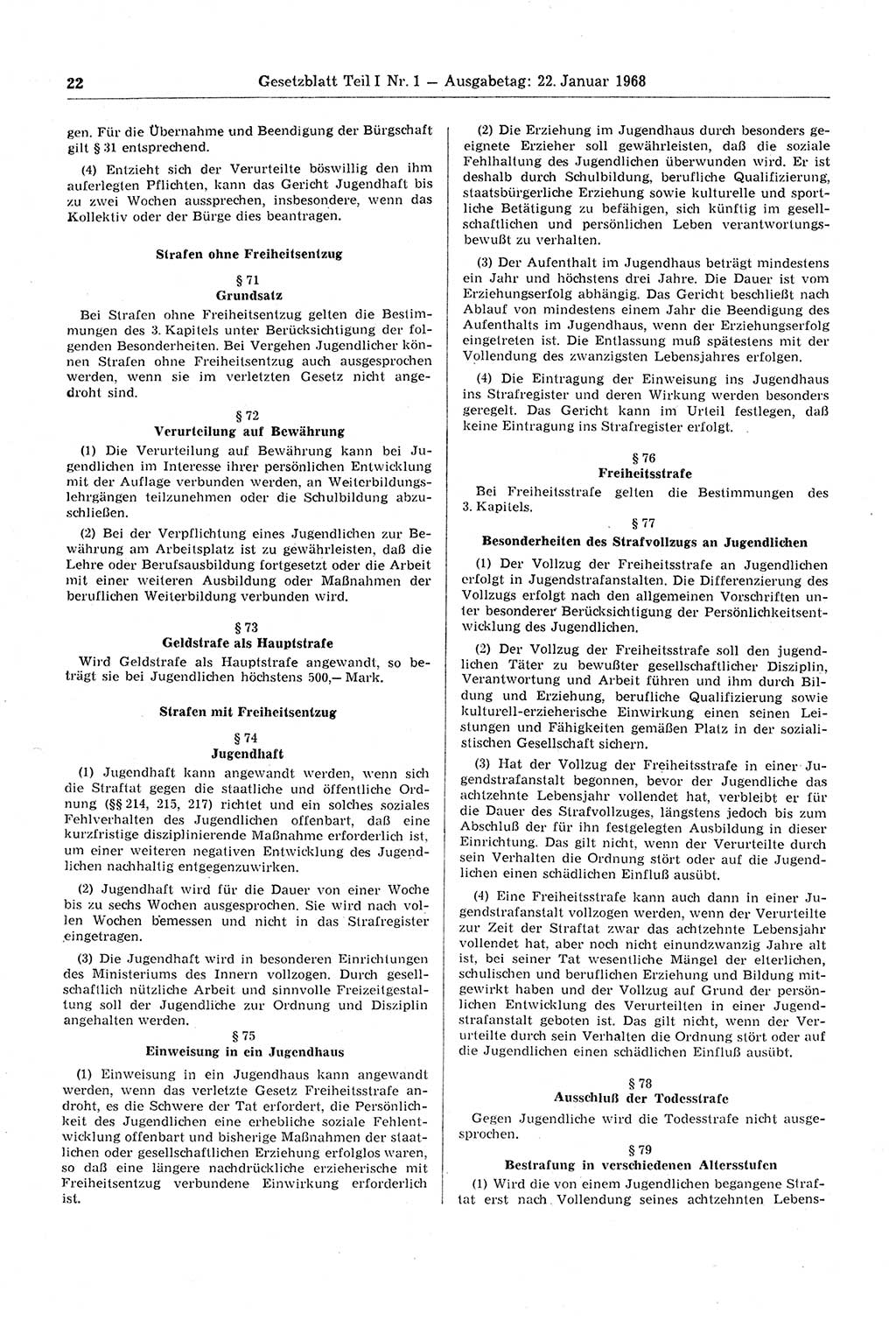 Gesetzblatt (GBl.) der Deutschen Demokratischen Republik (DDR) Teil Ⅰ 1968, Seite 22 (GBl. DDR Ⅰ 1968, S. 22)