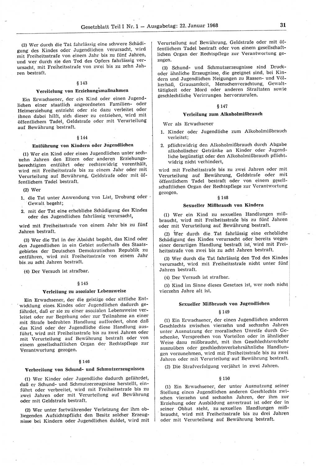 Gesetzblatt (GBl.) der Deutschen Demokratischen Republik (DDR) Teil Ⅰ 1968, Seite 31 (GBl. DDR Ⅰ 1968, S. 31)