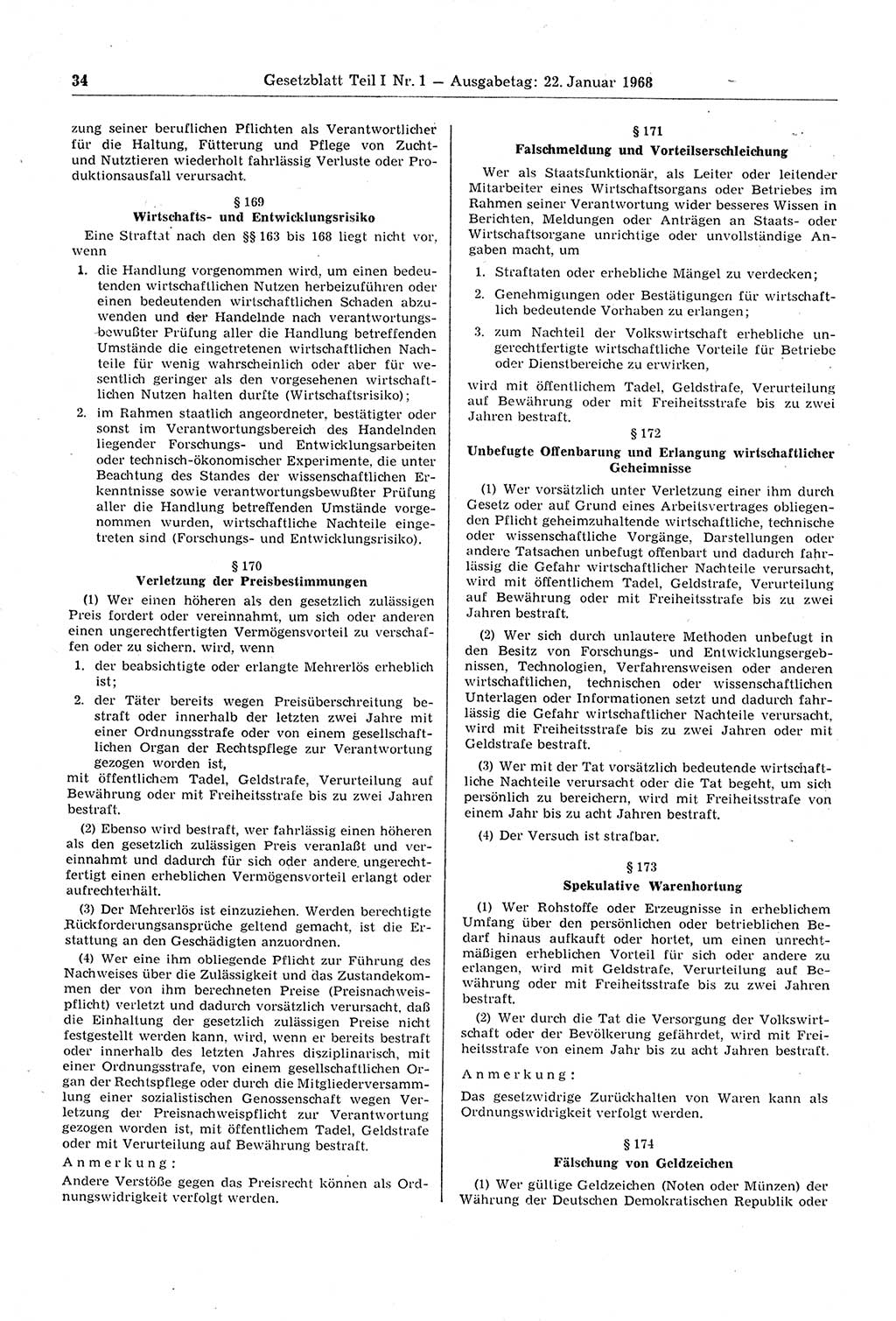 Gesetzblatt (GBl.) der Deutschen Demokratischen Republik (DDR) Teil Ⅰ 1968, Seite 34 (GBl. DDR Ⅰ 1968, S. 34)