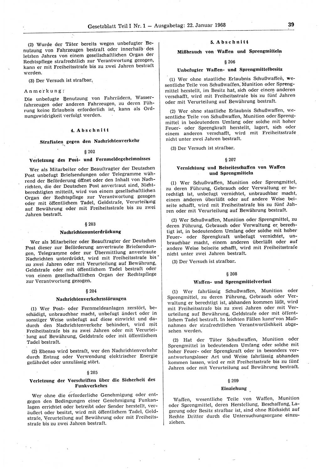 Gesetzblatt (GBl.) der Deutschen Demokratischen Republik (DDR) Teil Ⅰ 1968, Seite 39 (GBl. DDR Ⅰ 1968, S. 39)