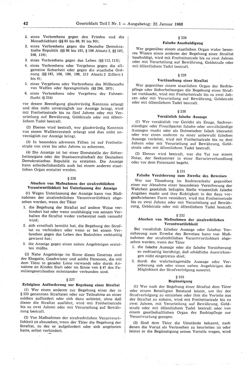 Gesetzblatt (GBl.) der Deutschen Demokratischen Republik (DDR) Teil Ⅰ 1968, Seite 42 (GBl. DDR Ⅰ 1968, S. 42)