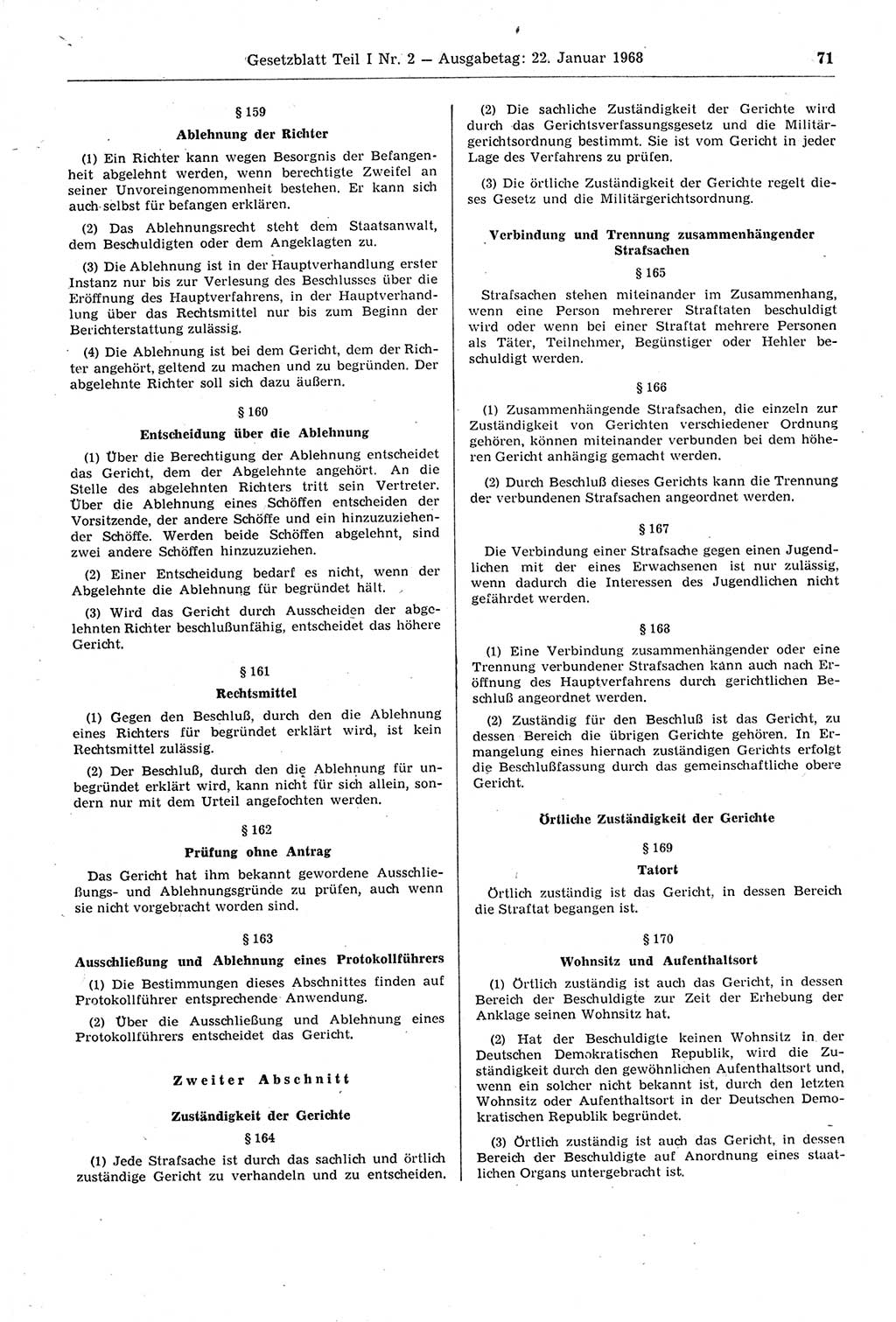 Gesetzblatt (GBl.) der Deutschen Demokratischen Republik (DDR) Teil Ⅰ 1968, Seite 71 (GBl. DDR Ⅰ 1968, S. 71)