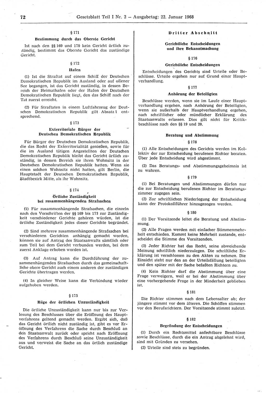 Gesetzblatt (GBl.) der Deutschen Demokratischen Republik (DDR) Teil Ⅰ 1968, Seite 72 (GBl. DDR Ⅰ 1968, S. 72)