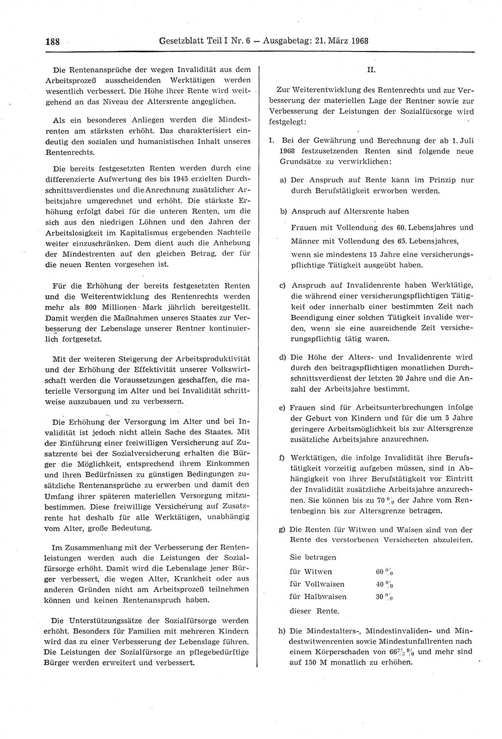 Gesetzblatt (GBl.) der Deutschen Demokratischen Republik (DDR) Teil Ⅰ 1968, Seite 188 (GBl. DDR Ⅰ 1968, S. 188)