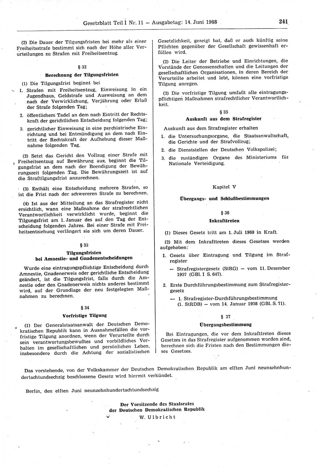 Gesetzblatt (GBl.) der Deutschen Demokratischen Republik (DDR) Teil Ⅰ 1968, Seite 241 (GBl. DDR Ⅰ 1968, S. 241)