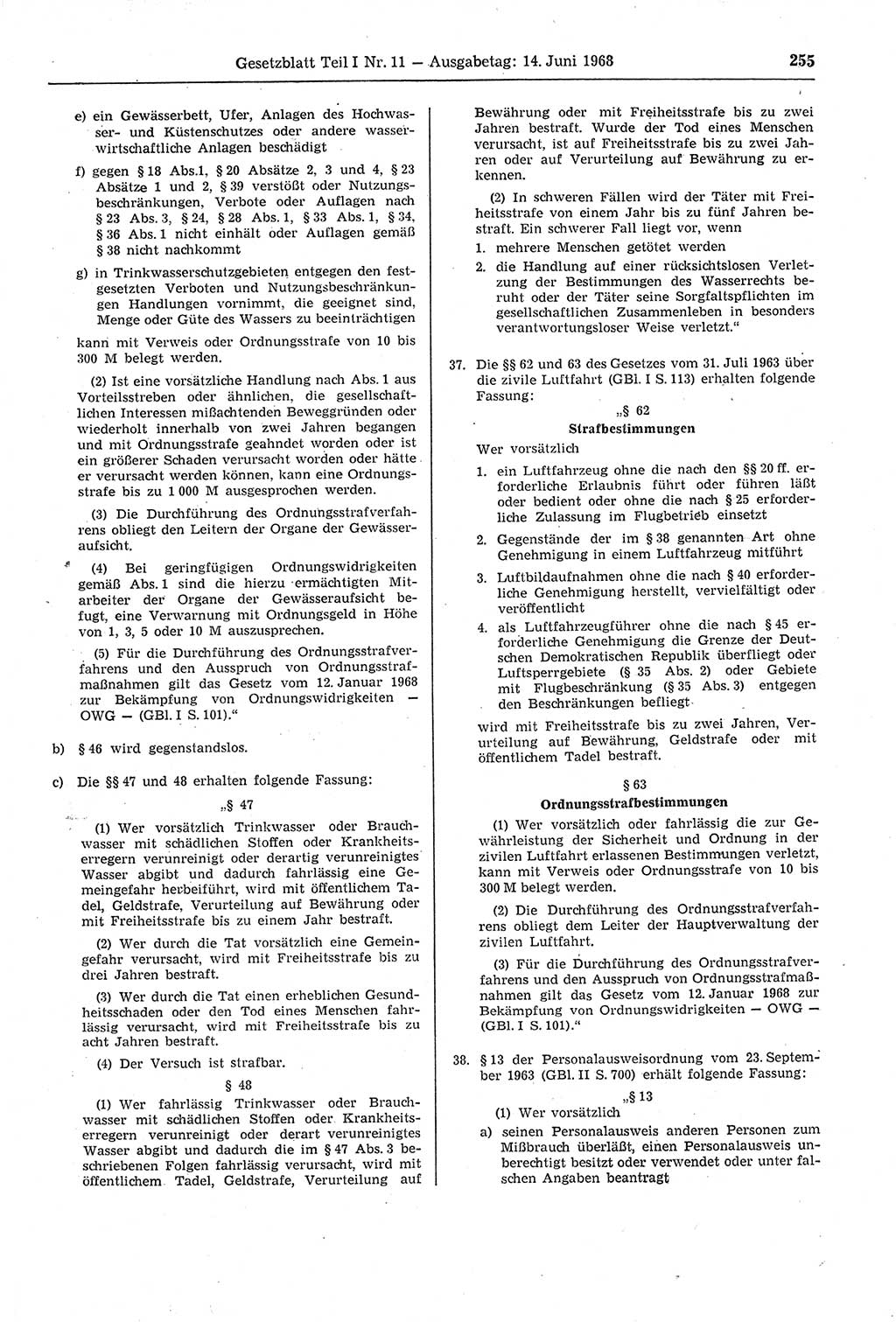 Gesetzblatt (GBl.) der Deutschen Demokratischen Republik (DDR) Teil Ⅰ 1968, Seite 255 (GBl. DDR Ⅰ 1968, S. 255)