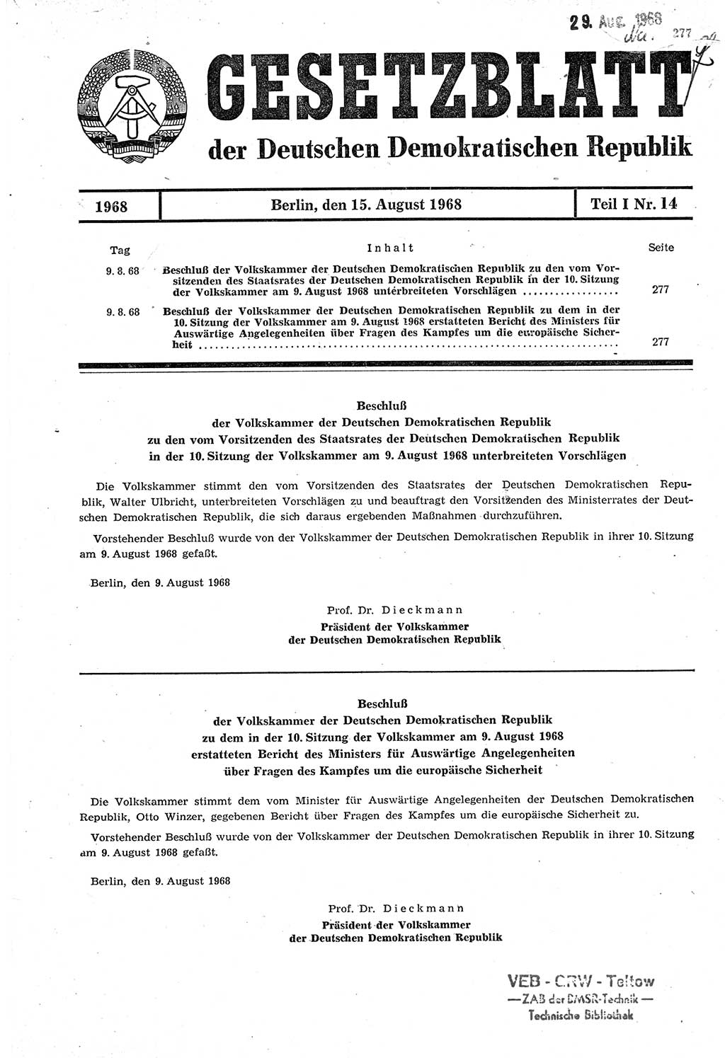 Gesetzblatt (GBl.) der Deutschen Demokratischen Republik (DDR) Teil Ⅰ 1968, Seite 277 (GBl. DDR Ⅰ 1968, S. 277)