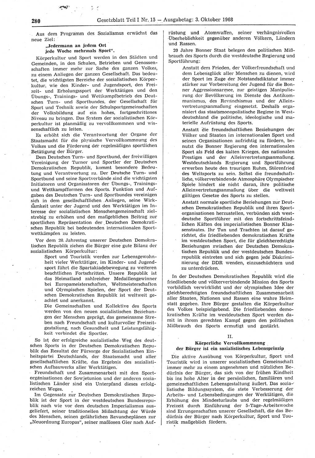 Gesetzblatt (GBl.) der Deutschen Demokratischen Republik (DDR) Teil Ⅰ 1968, Seite 280 (GBl. DDR Ⅰ 1968, S. 280)