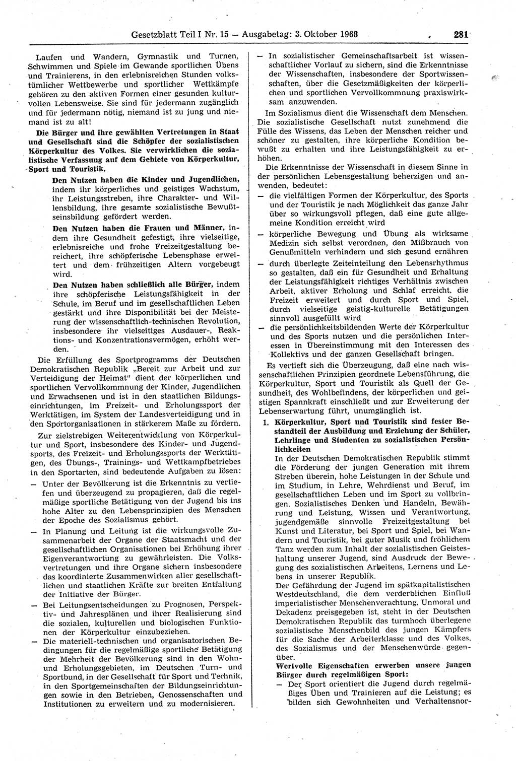 Gesetzblatt (GBl.) der Deutschen Demokratischen Republik (DDR) Teil Ⅰ 1968, Seite 281 (GBl. DDR Ⅰ 1968, S. 281)