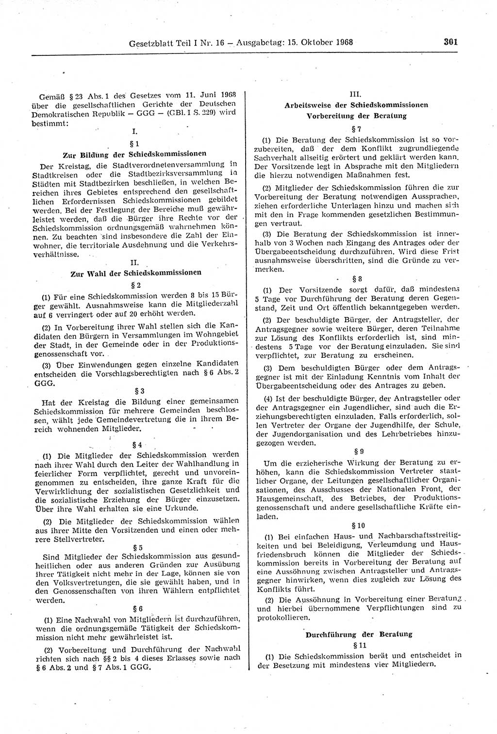 Gesetzblatt (GBl.) der Deutschen Demokratischen Republik (DDR) Teil Ⅰ 1968, Seite 301 (GBl. DDR Ⅰ 1968, S. 301)