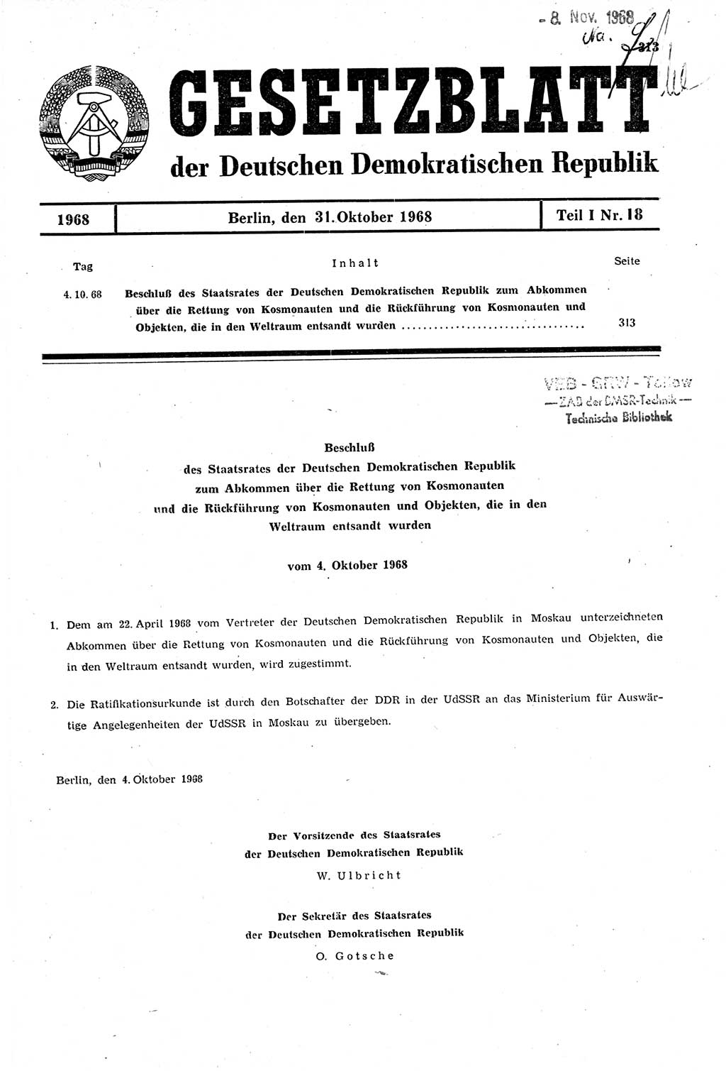 Gesetzblatt (GBl.) der Deutschen Demokratischen Republik (DDR) Teil Ⅰ 1968, Seite 313 (GBl. DDR Ⅰ 1968, S. 313)