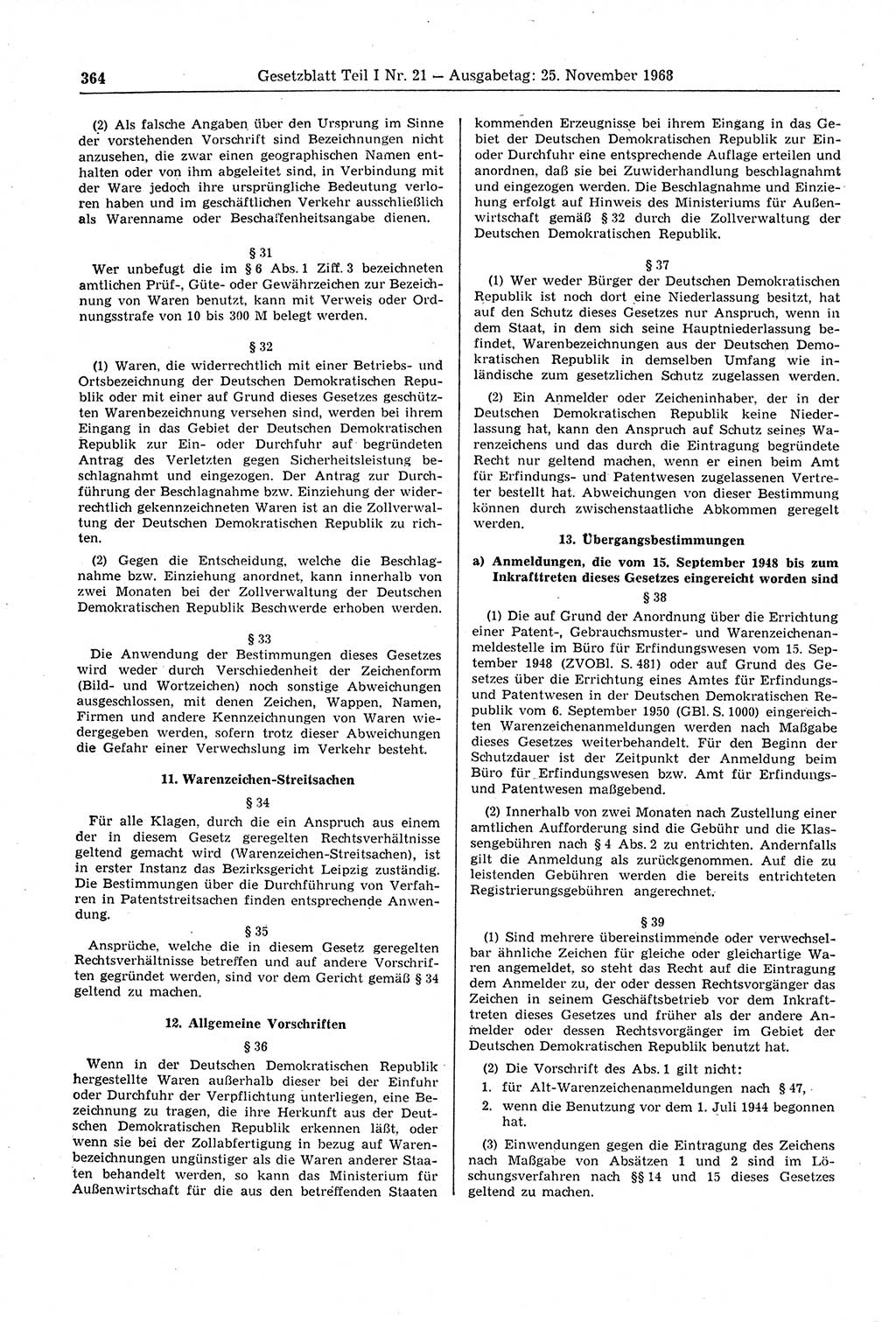 Gesetzblatt (GBl.) der Deutschen Demokratischen Republik (DDR) Teil Ⅰ 1968, Seite 364 (GBl. DDR Ⅰ 1968, S. 364)