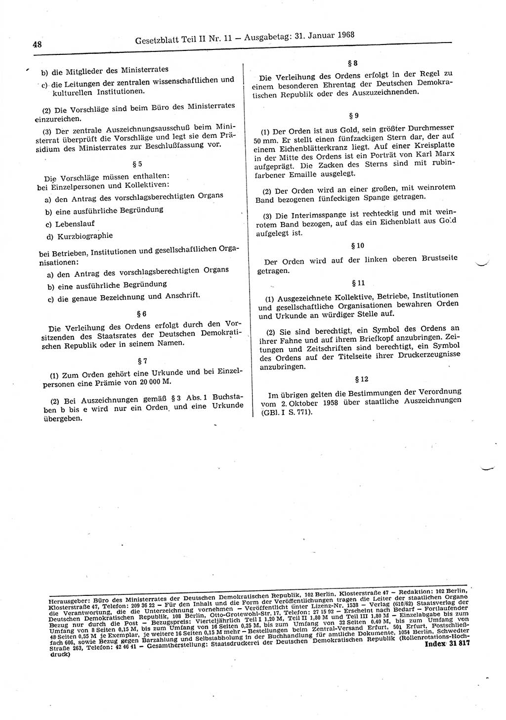 Gesetzblatt (GBl.) der Deutschen Demokratischen Republik (DDR) Teil ⅠⅠ 1968, Seite 48 (GBl. DDR ⅠⅠ 1968, S. 48)