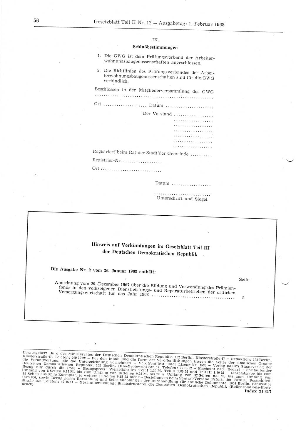 Gesetzblatt (GBl.) der Deutschen Demokratischen Republik (DDR) Teil ⅠⅠ 1968, Seite 56 (GBl. DDR ⅠⅠ 1968, S. 56)