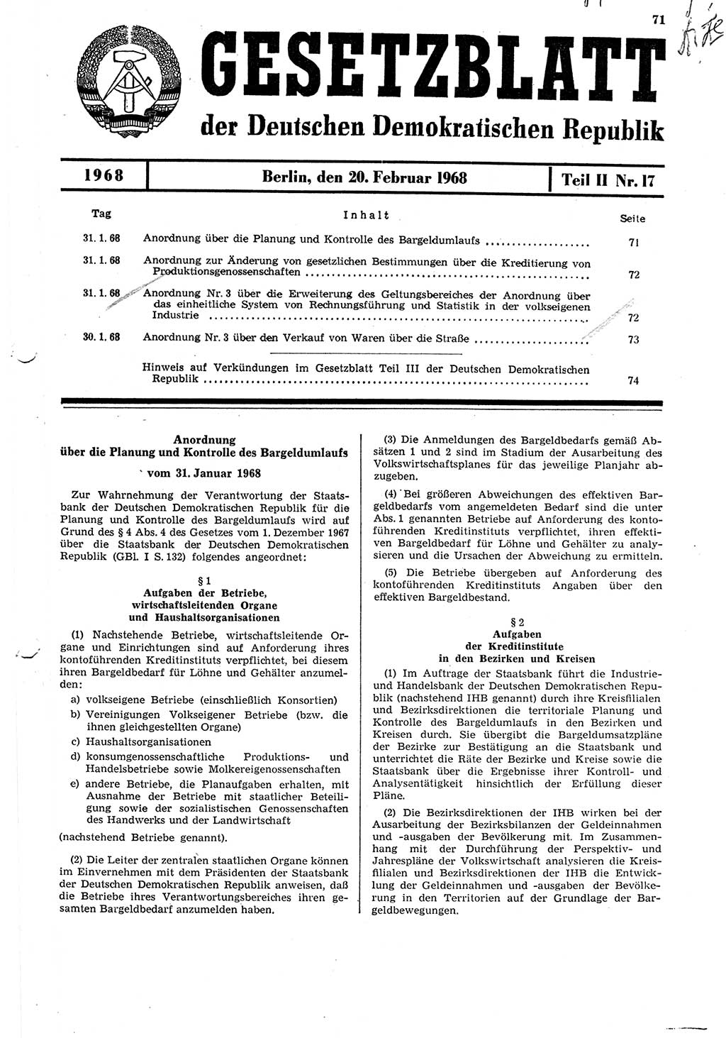 Gesetzblatt (GBl.) der Deutschen Demokratischen Republik (DDR) Teil ⅠⅠ 1968, Seite 71 (GBl. DDR ⅠⅠ 1968, S. 71)