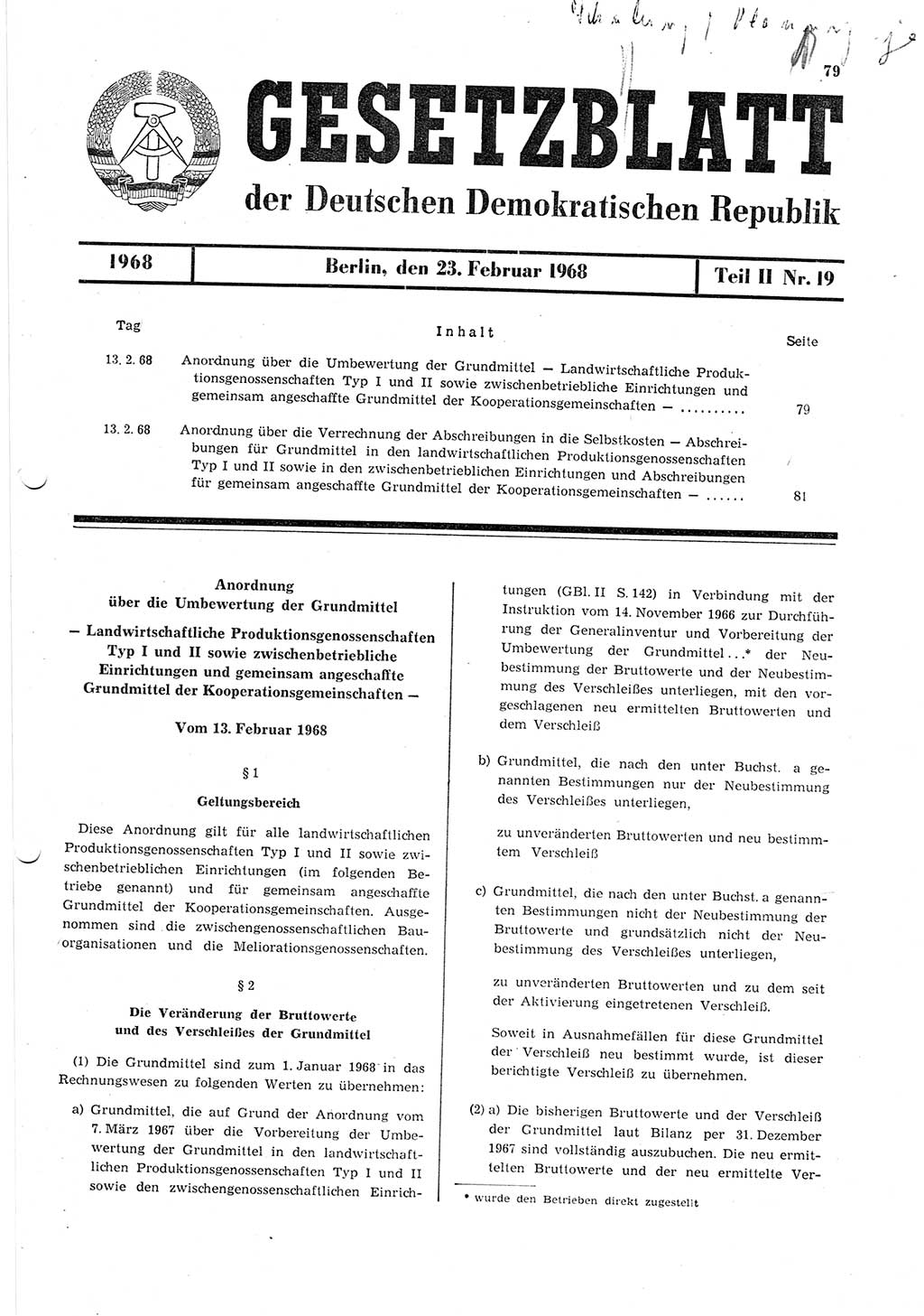 Gesetzblatt (GBl.) der Deutschen Demokratischen Republik (DDR) Teil ⅠⅠ 1968, Seite 79 (GBl. DDR ⅠⅠ 1968, S. 79)