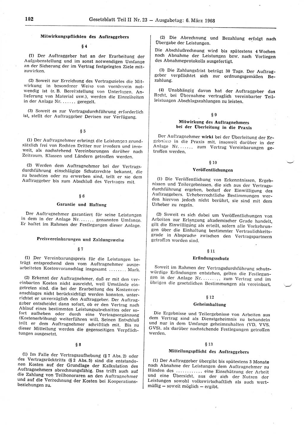 Gesetzblatt (GBl.) der Deutschen Demokratischen Republik (DDR) Teil ⅠⅠ 1968, Seite 102 (GBl. DDR ⅠⅠ 1968, S. 102)