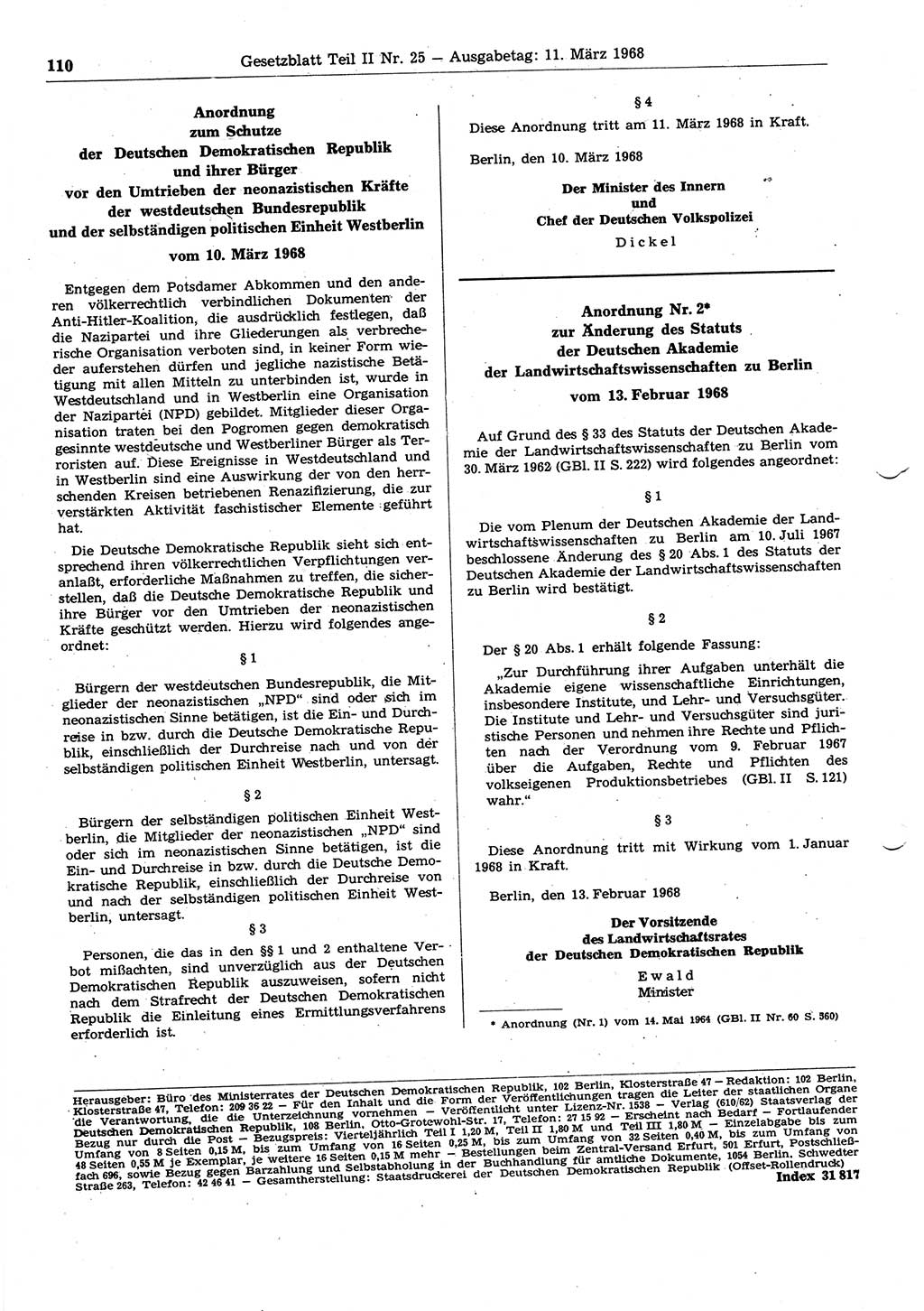 Gesetzblatt (GBl.) der Deutschen Demokratischen Republik (DDR) Teil ⅠⅠ 1968, Seite 110 (GBl. DDR ⅠⅠ 1968, S. 110)