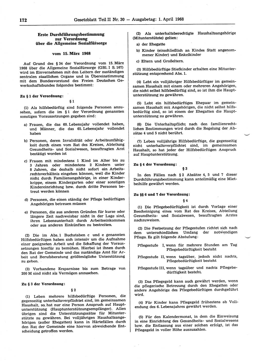 Gesetzblatt (GBl.) der Deutschen Demokratischen Republik (DDR) Teil ⅠⅠ 1968, Seite 172 (GBl. DDR ⅠⅠ 1968, S. 172)