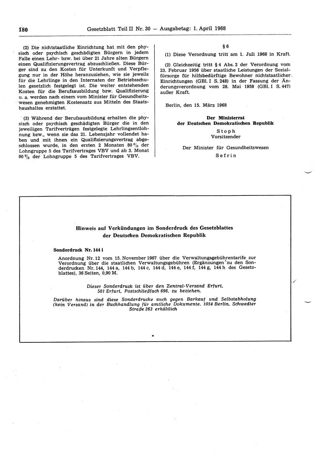 Gesetzblatt (GBl.) der Deutschen Demokratischen Republik (DDR) Teil ⅠⅠ 1968, Seite 180 (GBl. DDR ⅠⅠ 1968, S. 180)